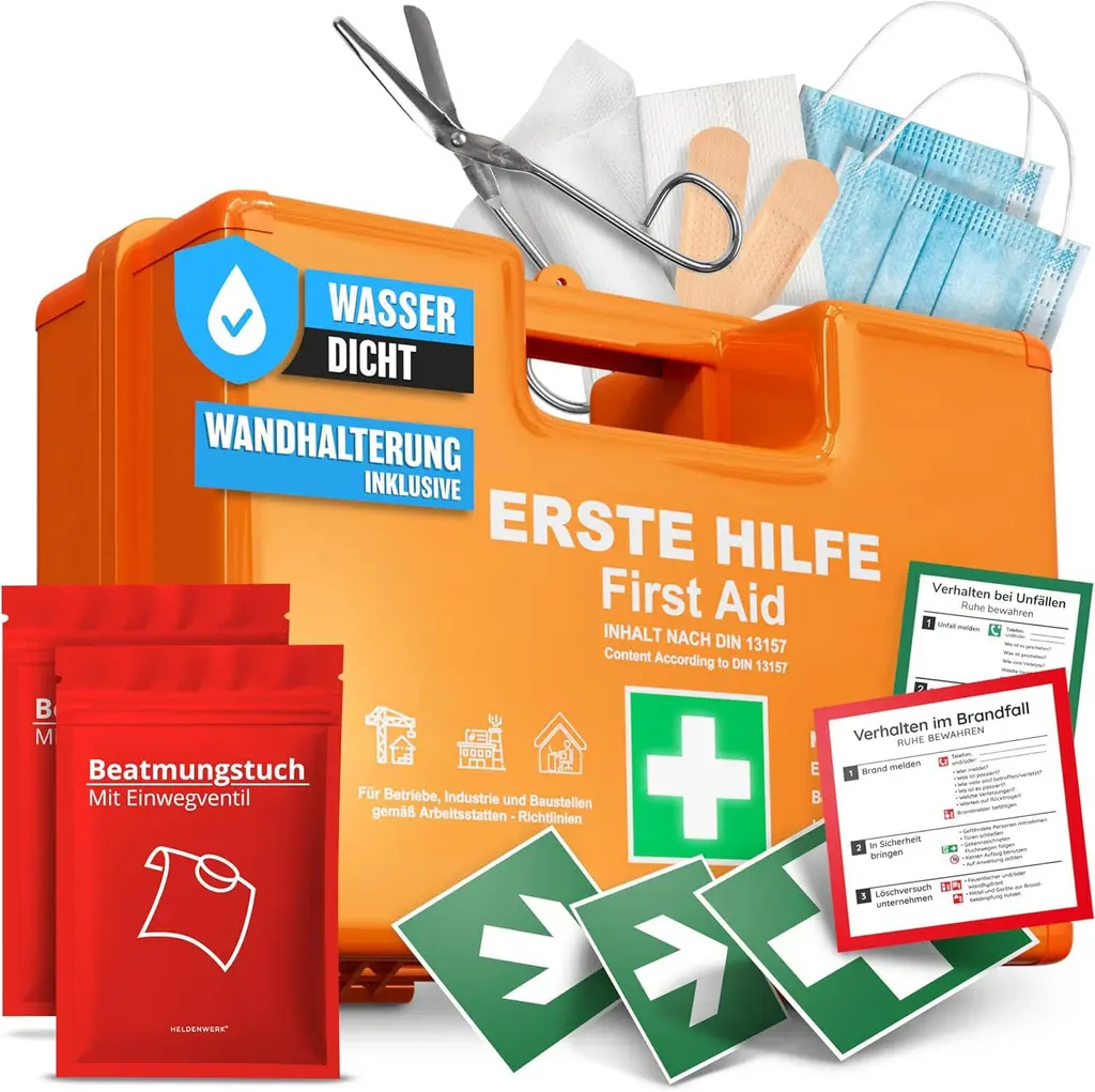 Heldenwerk first aid Kasten after new DIN 13157: 2021 incl. Wall bracket & stickers | Universal first aid suitcase for operation household or gastronomy - office filled sanikast
