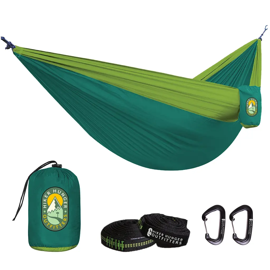Hiker Hunger, 2 Person Hammock, Camping Hammock, Portable Hammock, Travel Hammock, Double Hammock w/Tree Straps & Carabiners, Perfect Kids Hammock Green