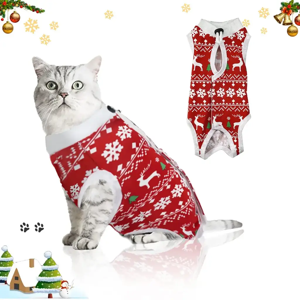Hipet Cat Surgical Recovery Suit for Abdominal Wounds or Skin Diseases,Substitute E-Collar & Cone,Cat Onesie Anti Licking Pet Surgical Recovery Vest Shirt L Christmas