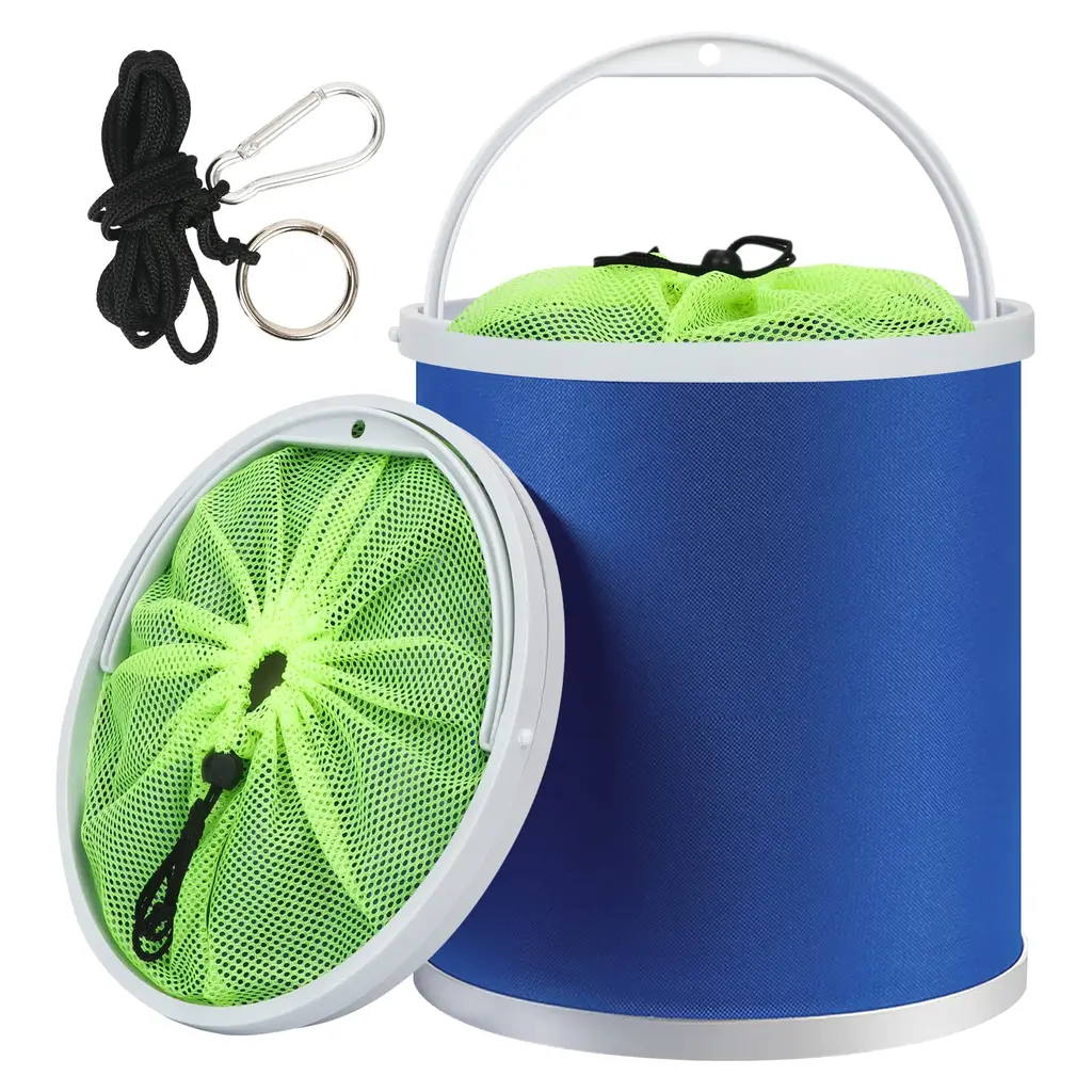 Homelove Collapsible Camping Fishing Bucket,11L (2.9 Gallons) Durable Pop Up Water Bucket with Net and Rope for Car Washing, Fishing,Boating or Other Outdoor Activities, Foldable Bucket,Blue Blue-11l-with Net