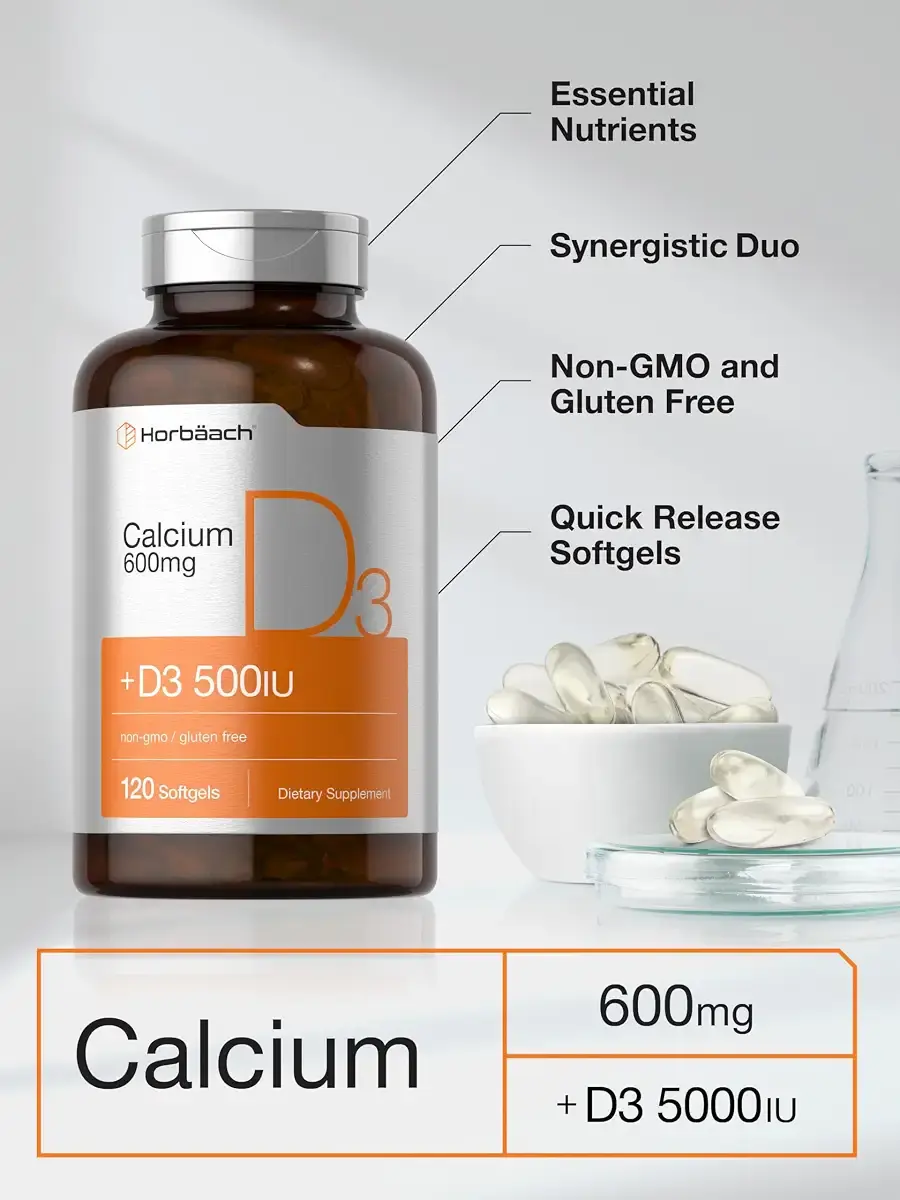 Horb ach Calcium Supplement with Vitamin D3 | 600 mg | 120 Softgels | Non-GMO & Gluten — pack of 120