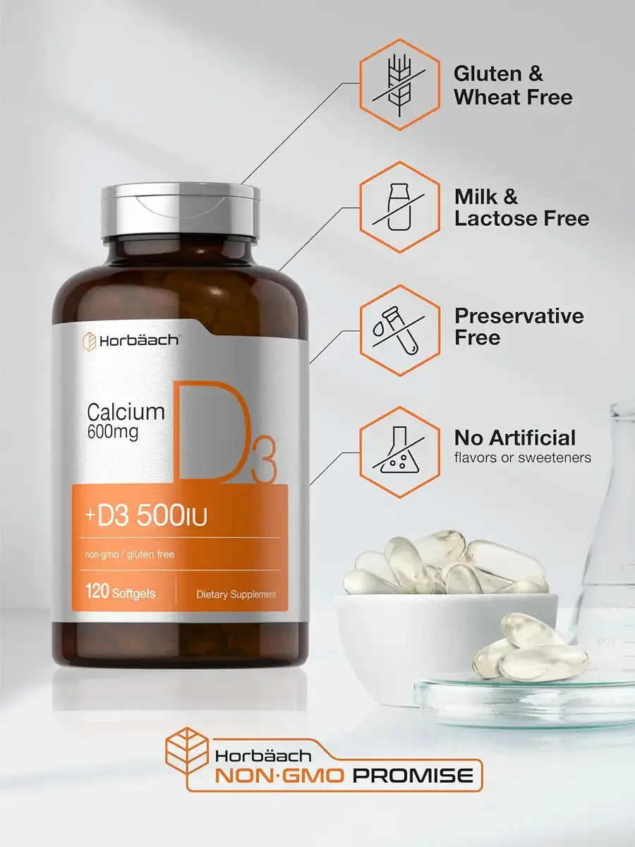 Horb ach Calcium Supplement with Vitamin D3 | 600 mg | 120 Softgels | Non-GMO & Gluten — Vitamins
