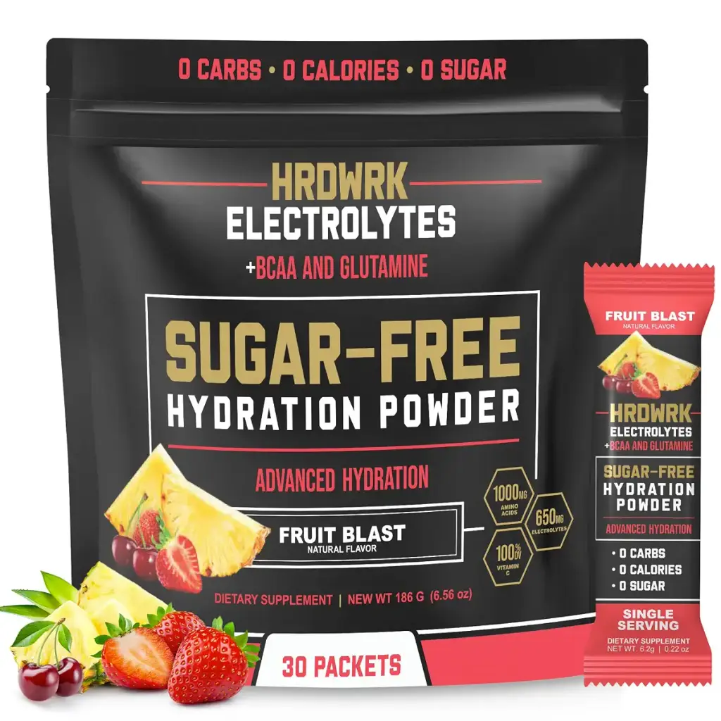 HRDWRK Electrolytes Powder Packets with Magnesium Potassium Sodium Keto Hydration Packets - BCAA Electrolyte Powder Packets with Glutamine 30 Electrolytes Powder Packets Sugar Free (Fruit Blast) Fruit Blast 30 Servings (Pack of 1)