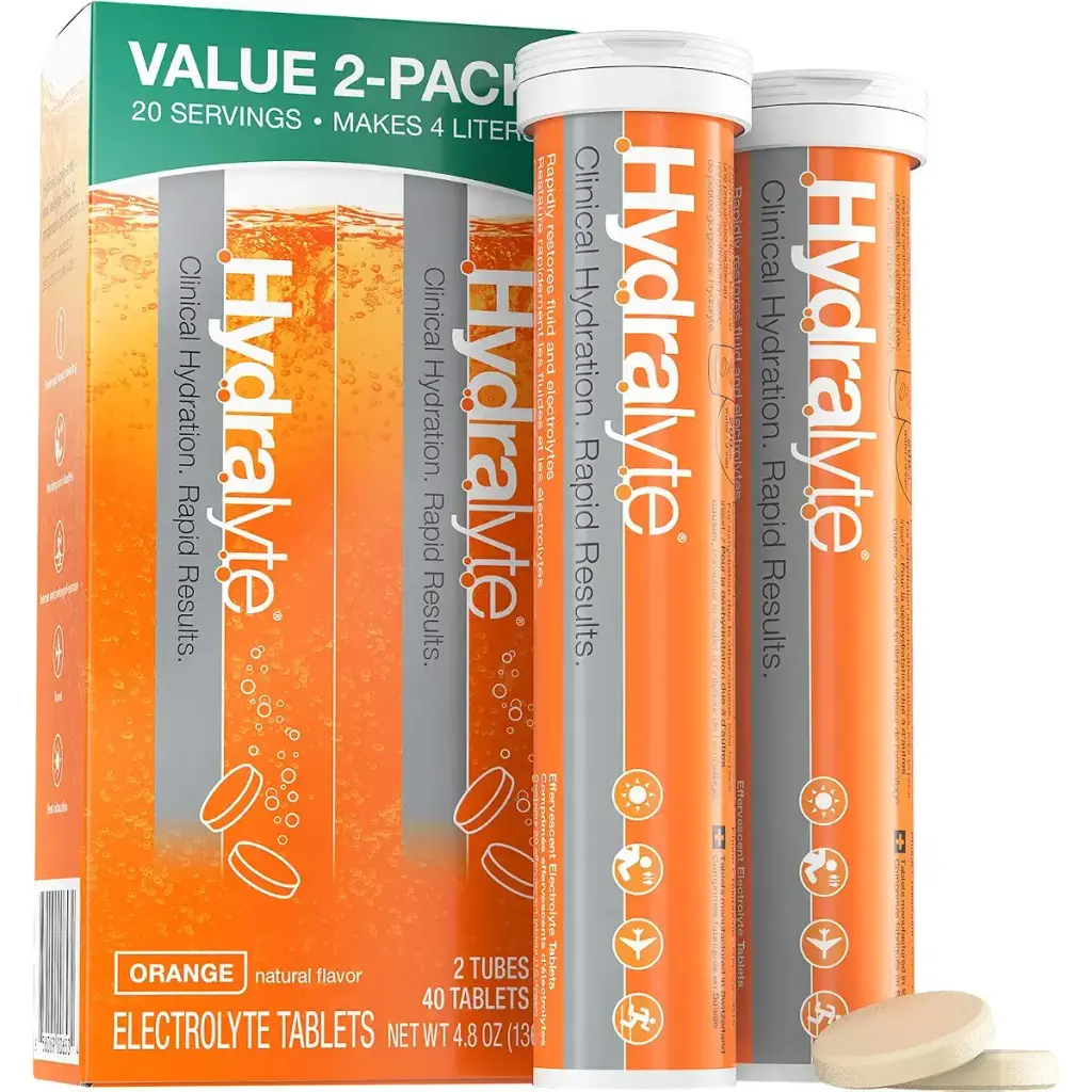 Hydralyte Effervescent Electrolyte Tablets, 2 Pack, On-The-go Clinical Hydration (Orange 20 Count x 2), Effervescent Tablets, Add to Water to Make an Electrolyte Drink Orange 20 Count (Pack of 2)