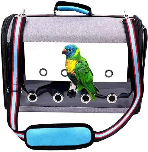 IDAS Bird Travel Cage Light weight Transparent Bird Travel Carrier PVC Transparent Parrots Travel Cage Breathable Pet Birds Bag Backpack with Shoulder Strap and Wooden Stick Stand (Blue)