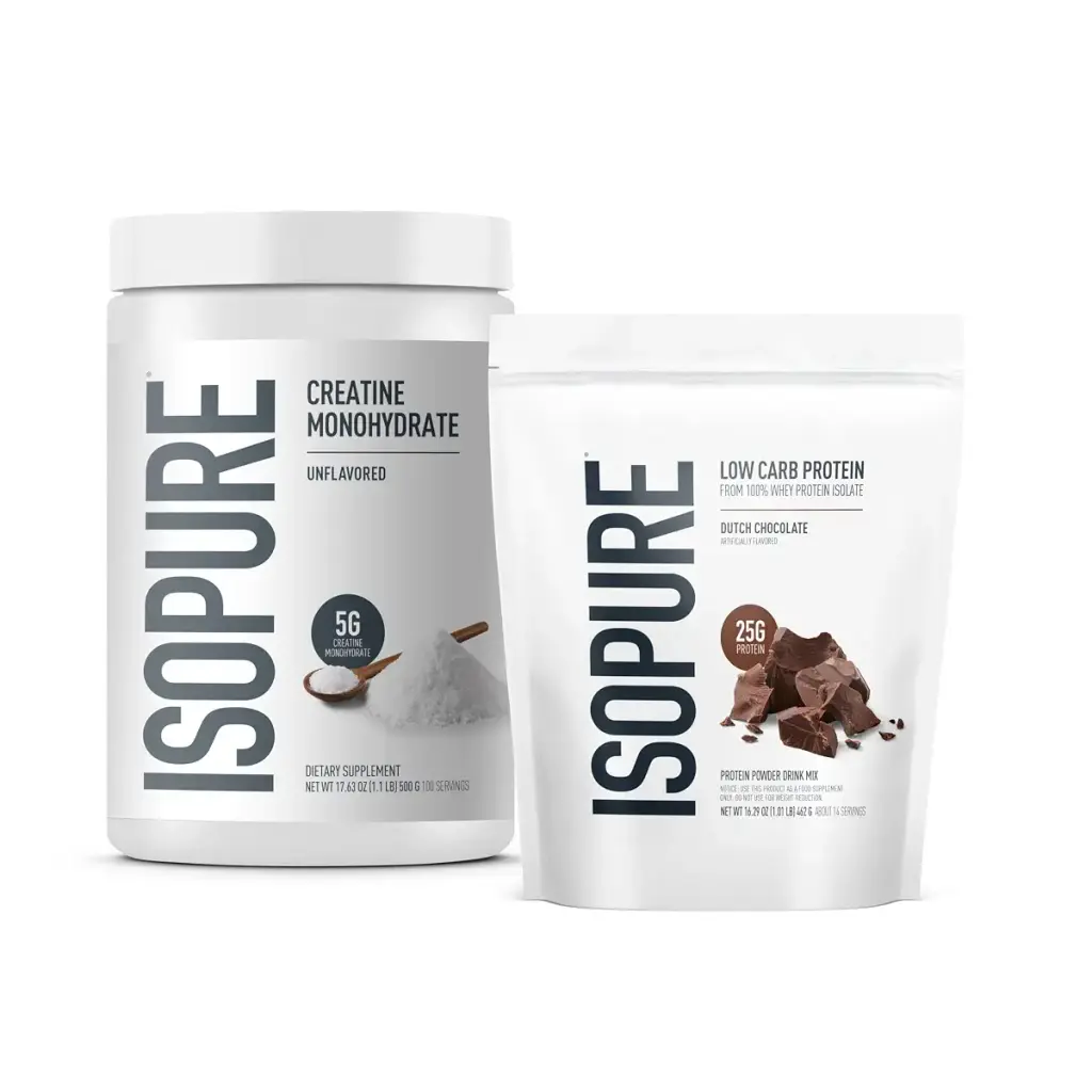 Isopure Bundle of Low Carb 100% Pure Whey Isolate Protein Powder Dutch Chocolate 25g Protein Per Serving 1 Lb 15 Servings + Isopure 100% Pure Creatine Monohydrate Powder 100 Servings Dutch Chocolate 1 Pound & Creatine