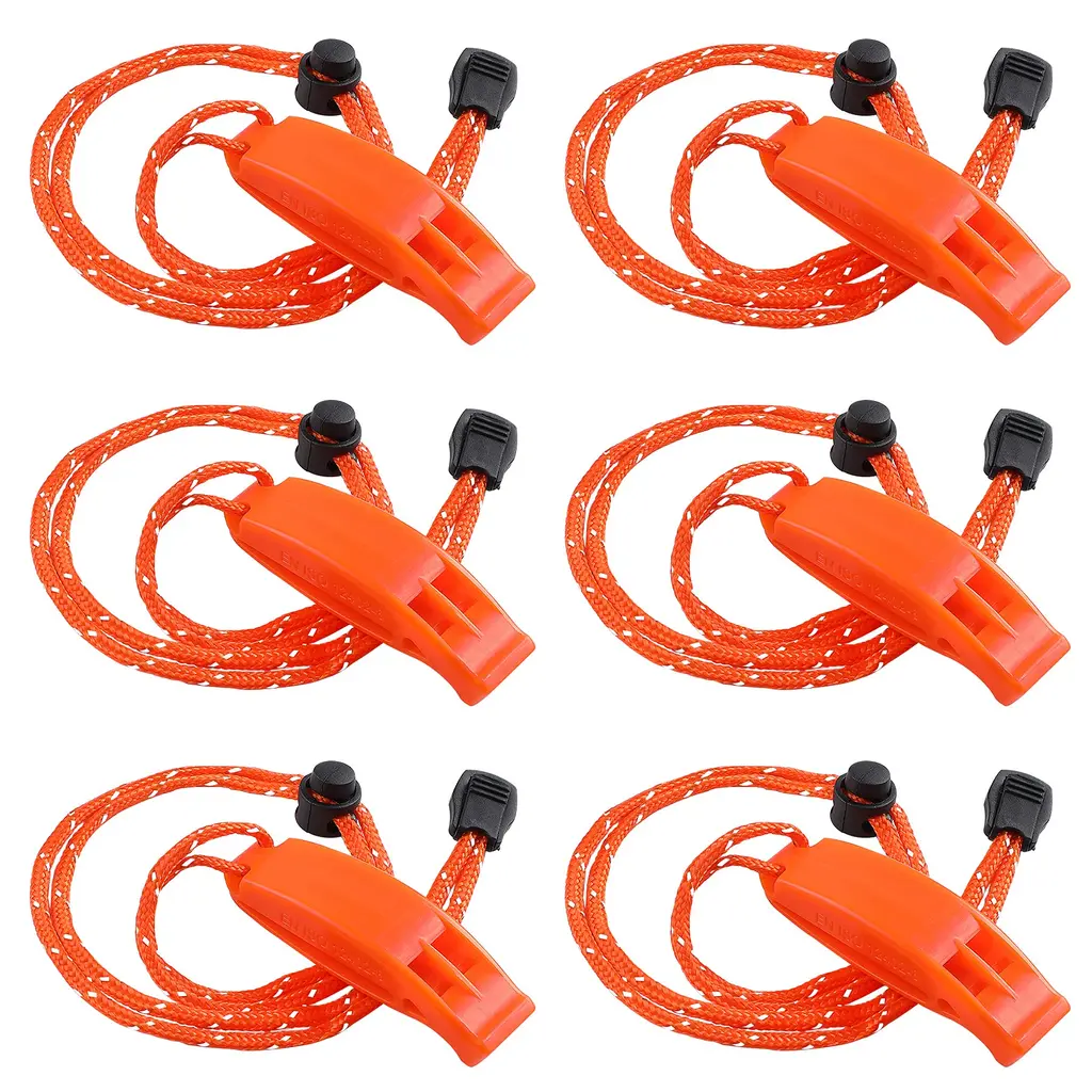 JULBEAR 6PCS Safety Survival Whistles with Adjustable Reflective Lanyard Emergency Plastic Whistle Marine Whistle orange
