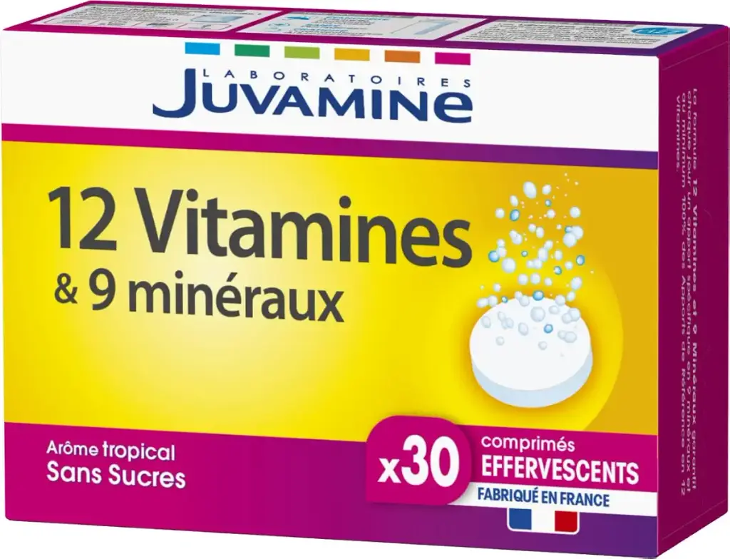 JUVAMINE - 12 Vitamins & 9 Minerals - Fatigue - Stress - Vitamins C B2 B3 B6 B9 and Iron - 30 Day Program - 30 Effervescent Tablets - Tropical Flavor - Made in France