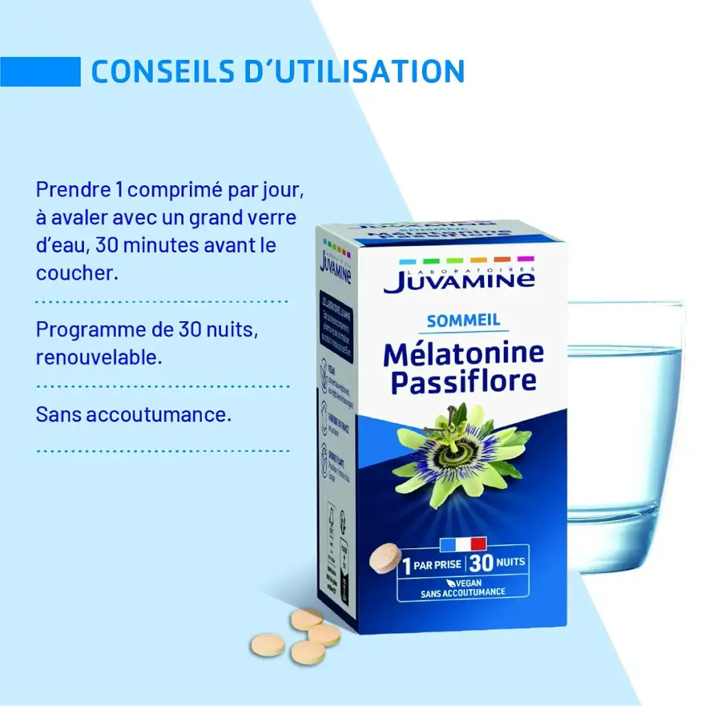 JUVAMINE - Sleep 3 Actions - 1mg Melatonin - Passion flower - 30 Tablets — Tablets