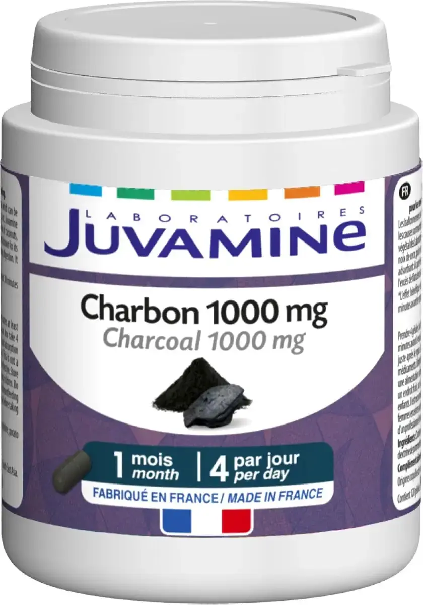 JUVAMINE - Vegetable Charcoal 1000 Mg - Digestion - Bloating - Flatulence - Gas - Helps reduce excess flatulence after a meal - 1 month program - 120 Capsules - Made in France