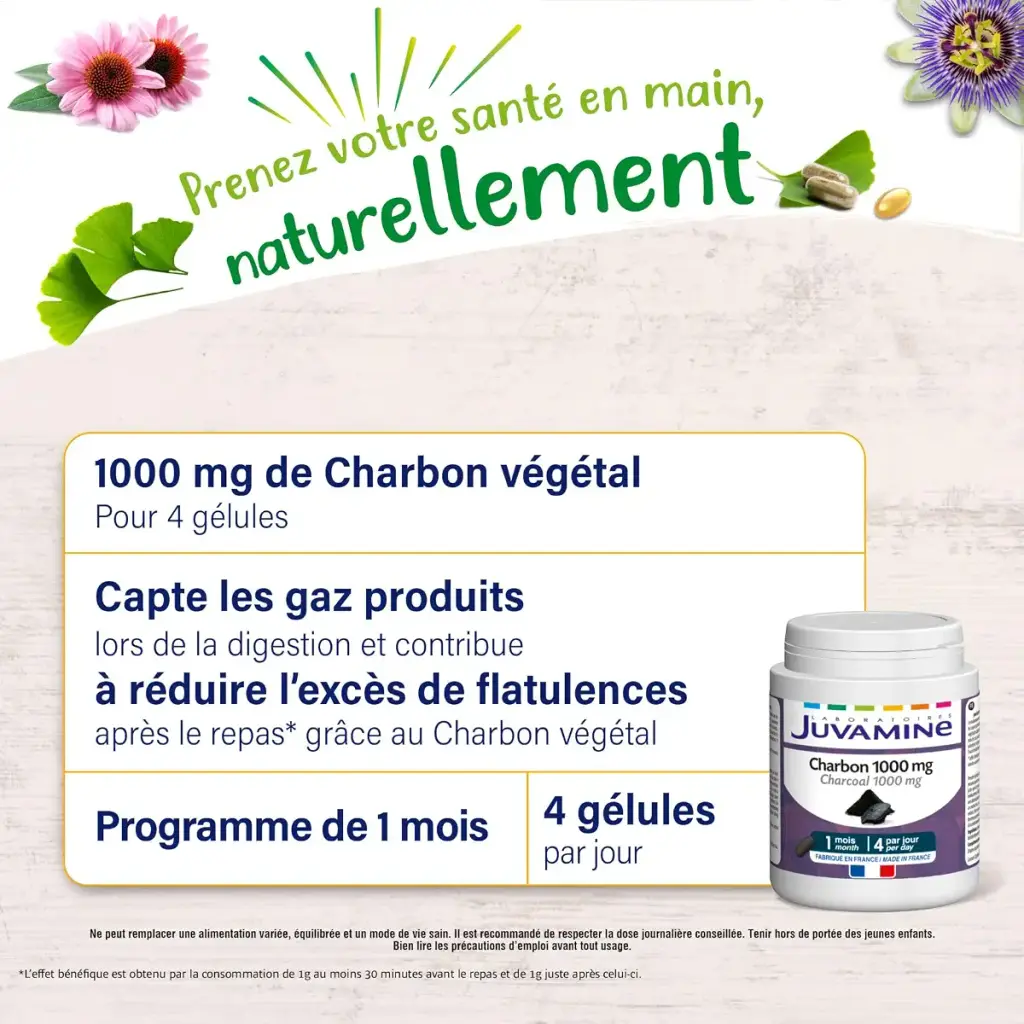 JUVAMINE - Vegetable Charcoal 1000 Mg - Digestion - Bloating - Flatulence - Gas - Helps — Capsules
