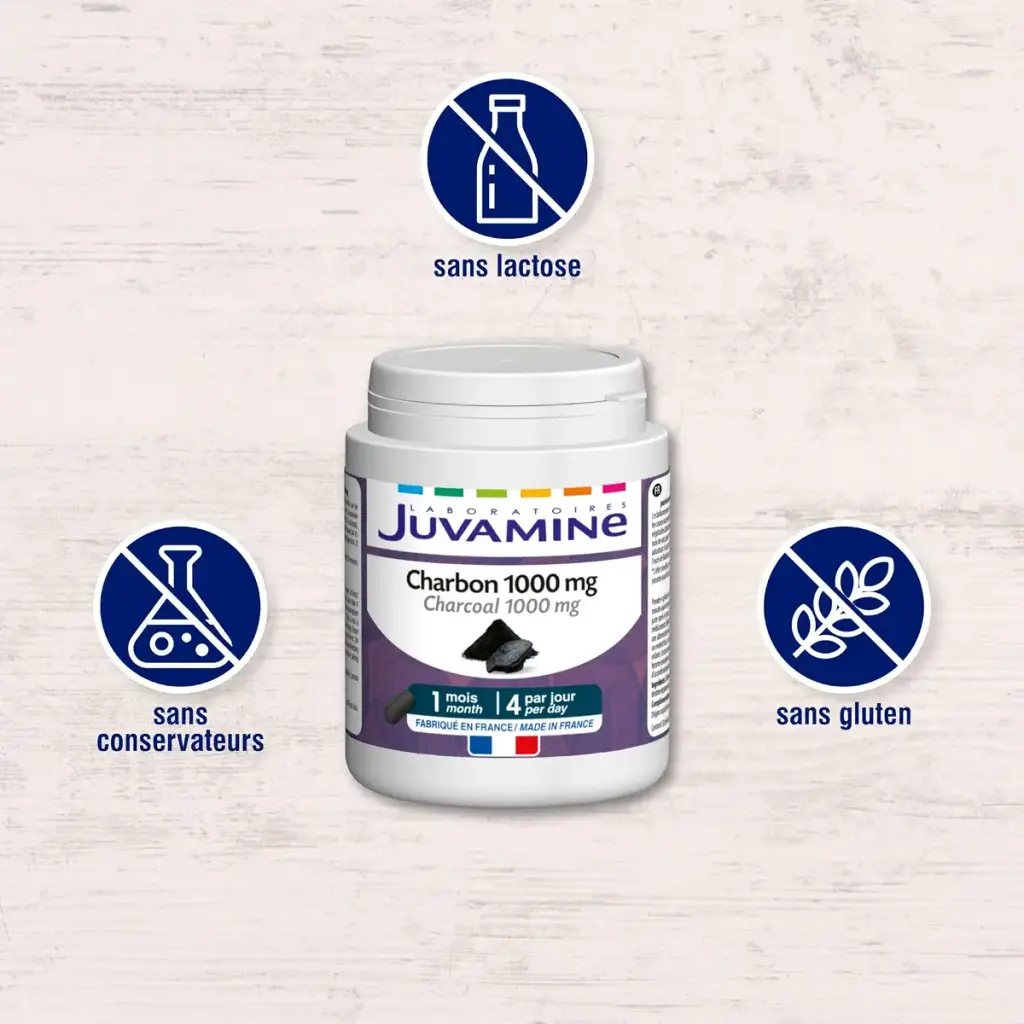 JUVAMINE - Vegetable Charcoal 1000 Mg - Digestion - Bloating - Flatulence - Gas - Helps — pack of 120