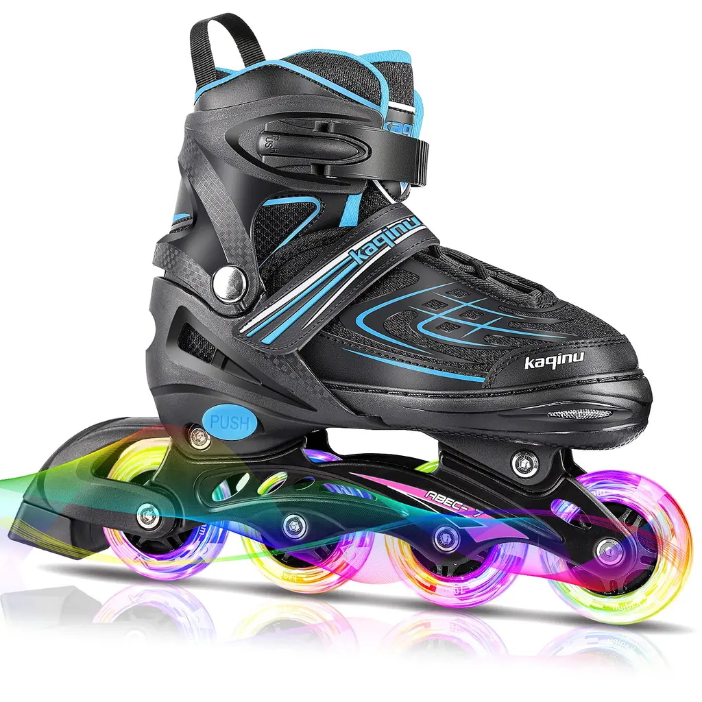 KAQINU Adjustable Inline Skates, Outdoor Blades Roller Skates with Full Illuminating Wheels for Kids and Adults, Women, Girls and Boys D-Blue L-Youth(4Y-7Y)