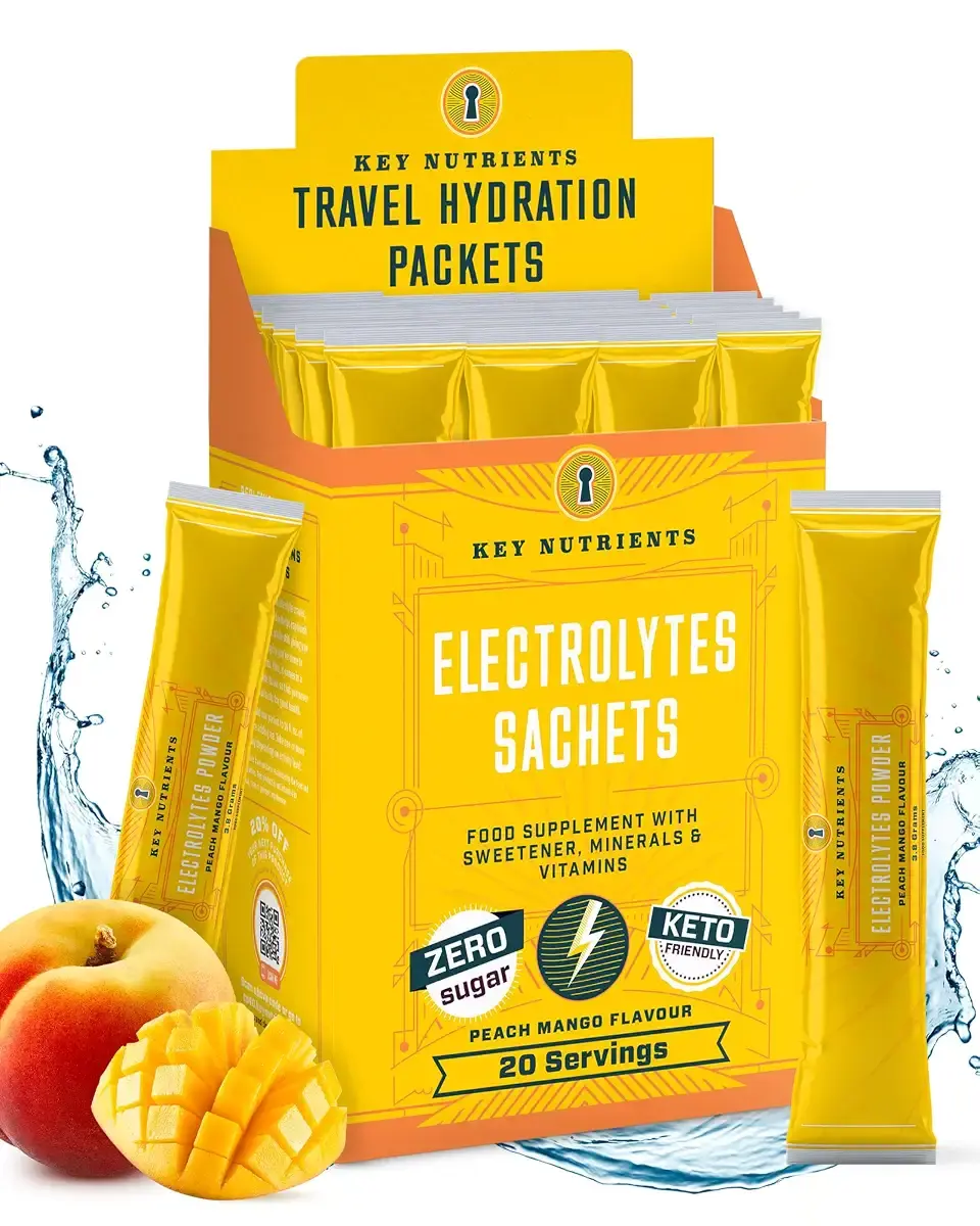 Key Nutrients Electrolytes Sachets - Multivitamin & Minerals Electrolytes Powder 20 Servings of Tropical Peach Mango - Hydration Sachets - Supercharged Rehydration Sachets with 16 Vitamins & Minerals Peach Mango 20 Servings