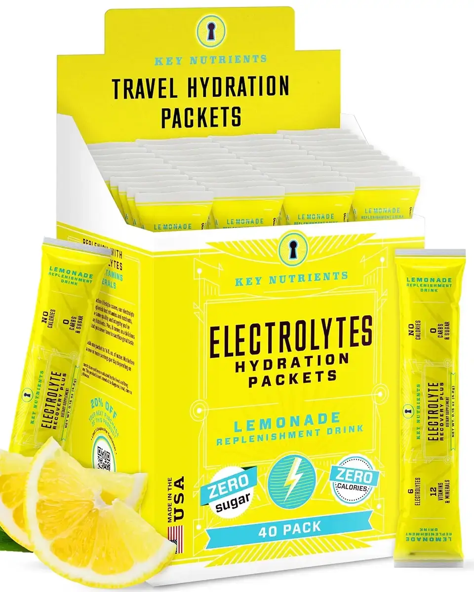 KEY NUTRIENTS Multivitamin Electrolytes Hydration Packets - Refreshing Lemonade Post Workout and Recovery 40 Pack - No Sugar