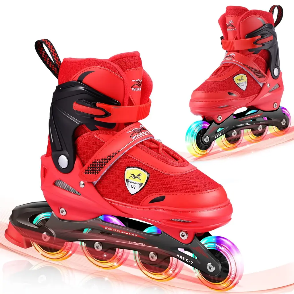 KGK Kids Adults Inline Skates for Girls Boys Women Men 4 Size Adjustable Roller Skates, Women Outdoor Roller Blades Skates with Light up Wheels, Rollerblades Skating Shoes for Women Men Kids Teenagers Red Medium