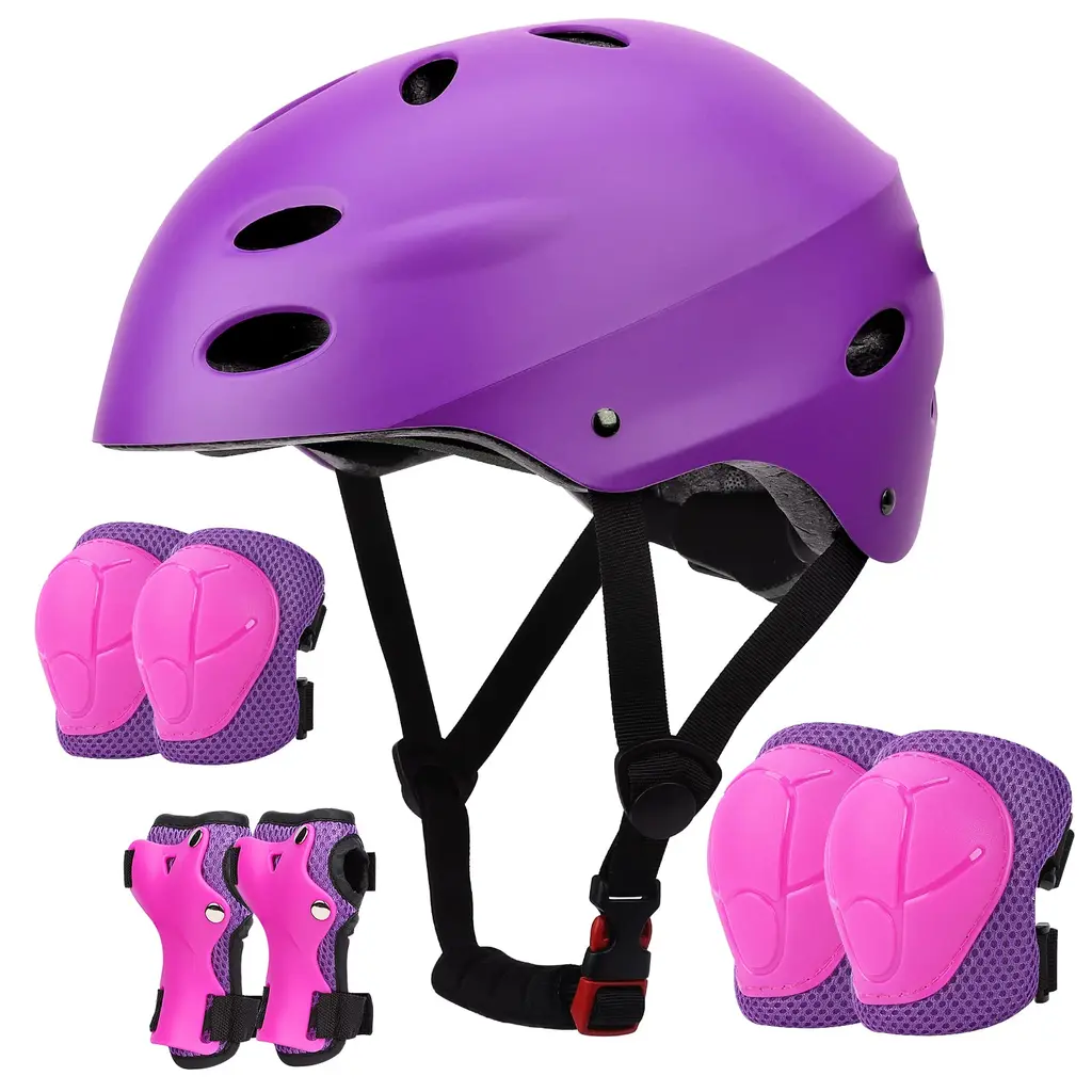Kids Bike Helmet Adjustable, Knee Elbow Wrist Pads Set for Youth Boys Girls Ages 5-8,Protective Gear Set for Skateboard, Bike, Roller Skating, Cycling, Scooter Pink+Purple