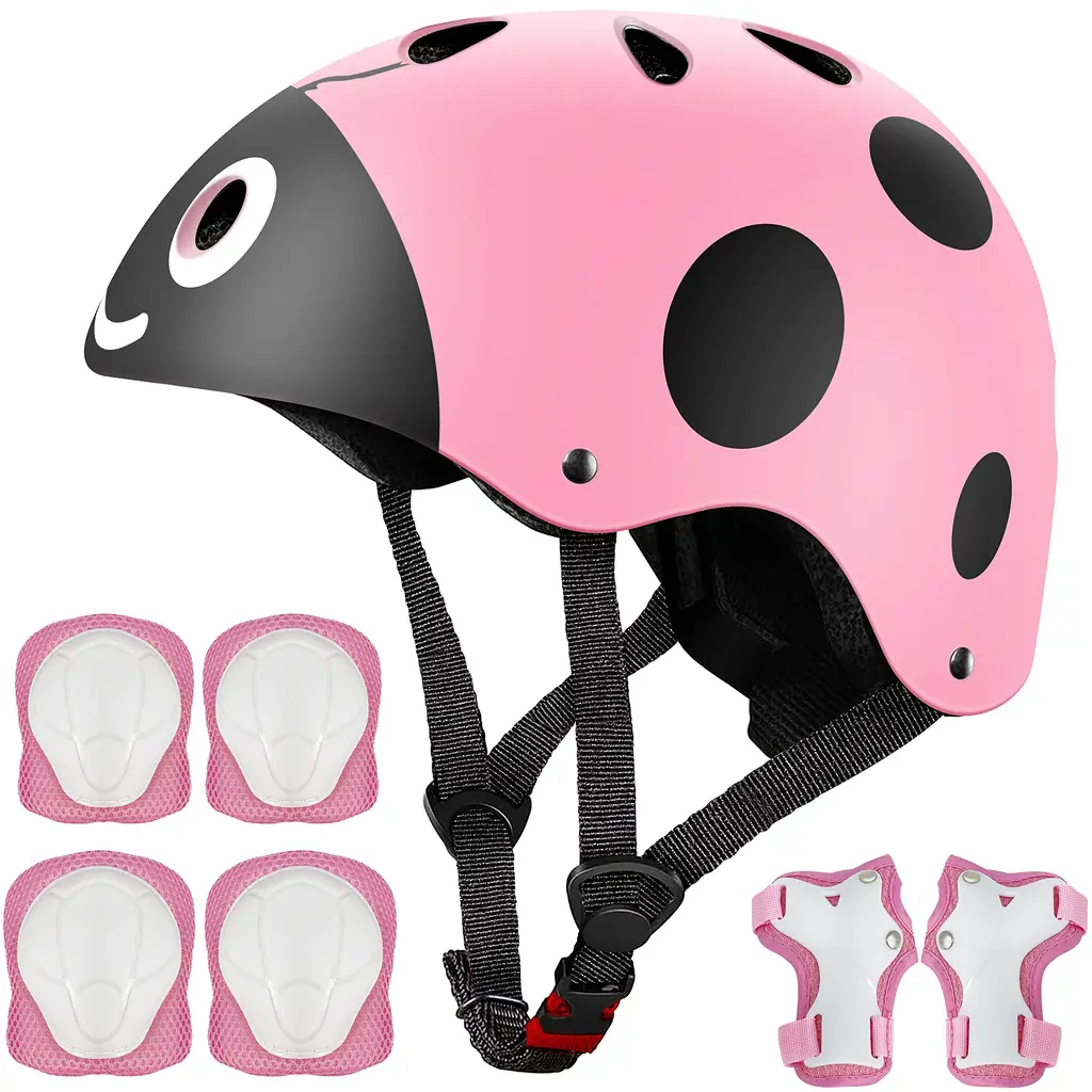 Kids Protective Gear Set and Helmet,Boys Girls Adjustable Helmet with Pads Set Knee Elbow Pads and Wrist Guards for Roller, Scooter, Skateboard, Bicycle for 3-8 Years Old Kids A-pink ladybug