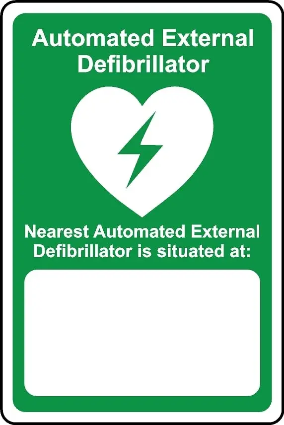 KPCM Display ltd Self adhesive sticker with automatic external defibrillator Nearest AED is situated at