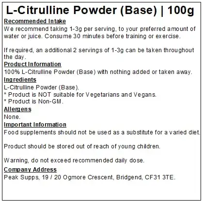 L-Citrulline Powder (Base) - Amino Acid - Pure - Non-GM (100g) — 100 g