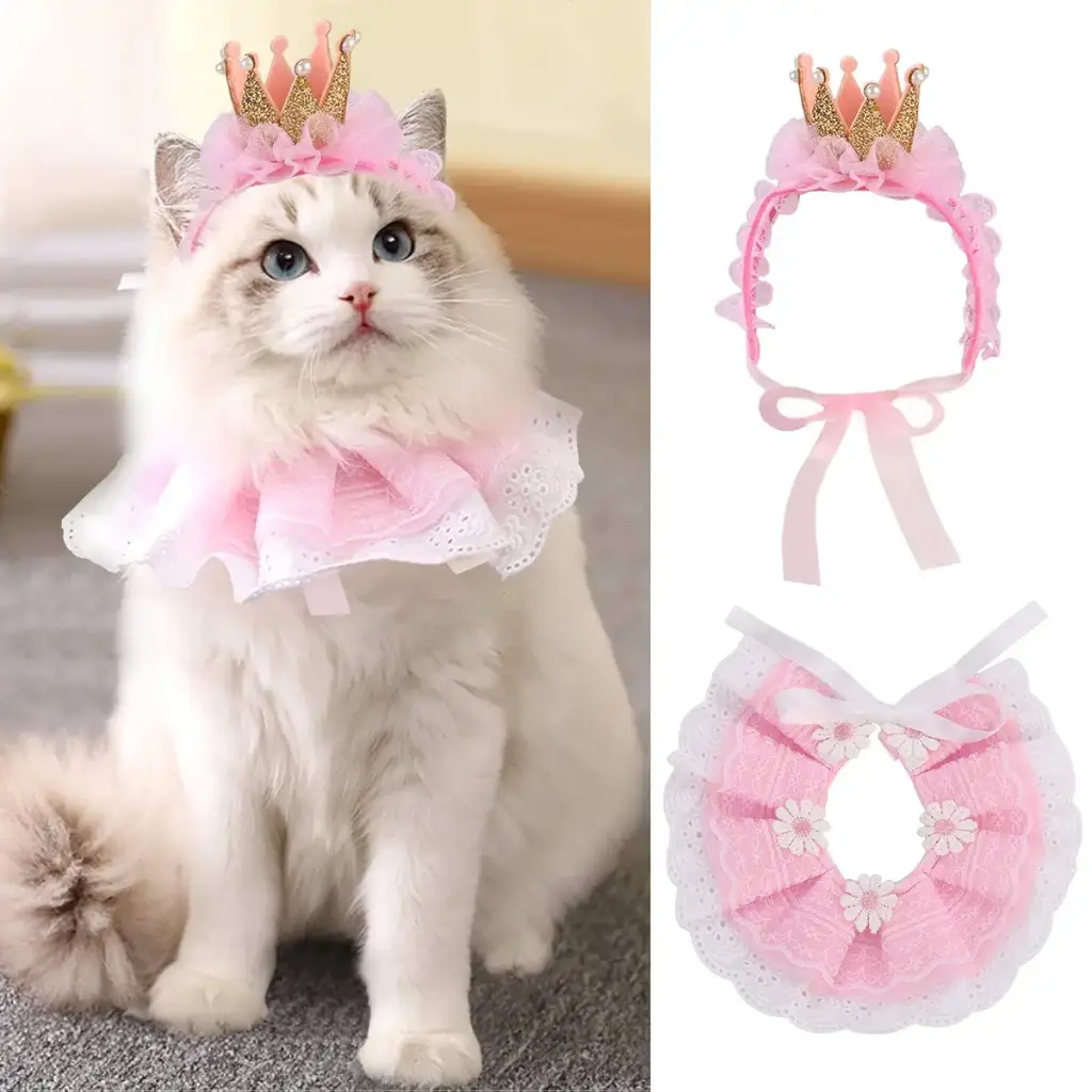 Legendog Cat Bandana for Cats, Princess Cat Costumes for Cats, Cute Lace Dog Bandanas and Cat Crown Accessories for Cats Small Dogs, Pink Outfit for Birthday Party A-Pink