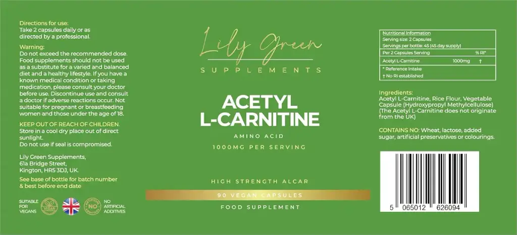 Lily Green | Acetyl L-Carnitine 1000mg per Serving | 90 Vegan Capsules | High Strength — 1000 mg