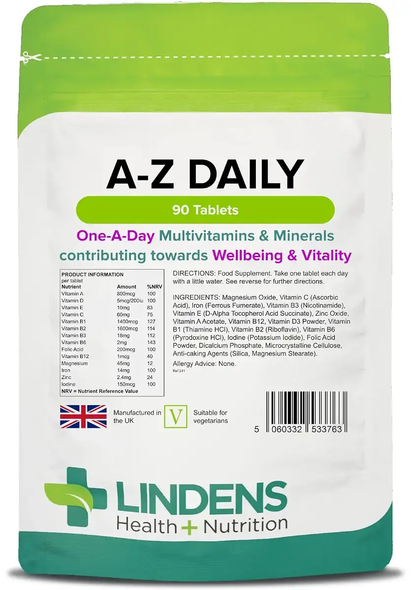 Lindens Multivitamin A-Z Daily Tablets - 90 Pack UK Made Perfect Vitamin & Mineral Balance of Vitamin A C D E B1 B2 B3 B6 B12 Folic Acid Magnesium Iron Zinc & Iodine - Letterbox Friendly 90 count (Pack of 1)