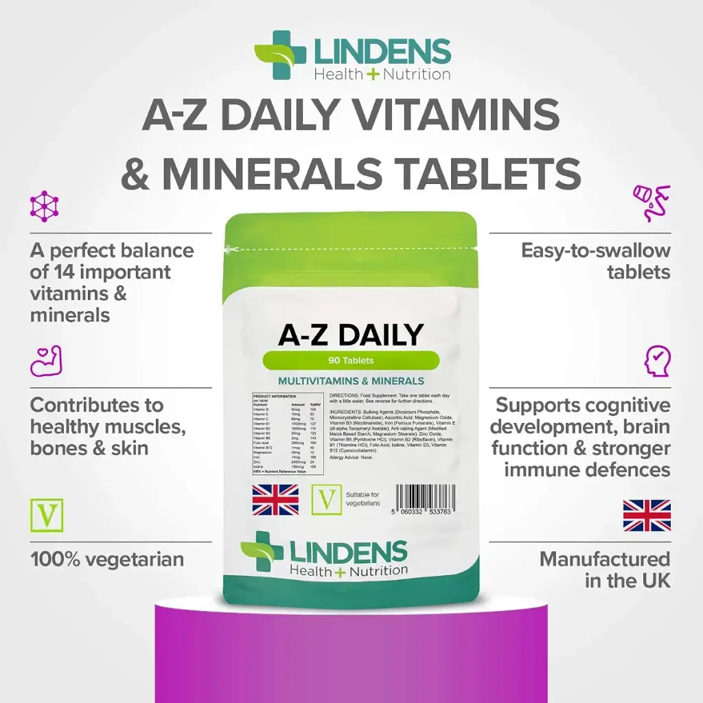 Lindens Multivitamin A-Z Daily Tablets - 90 Pack UK Made Perfect Vitamin & Mineral — pack of 90