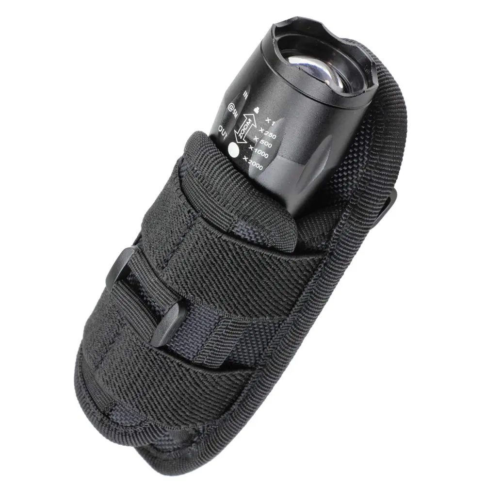 LIVANS Tactical Flashlight Pouch Holster, Rotatable Flashlight Holder Belt Clip Tactical Torch Carry Case with 360 Degree Carabiner Reel Clip Black