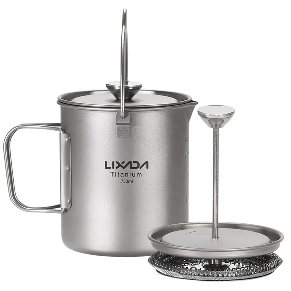 Lixada Titanium Pot Camping Titanium Coffee Cup Mug French Press Pot Coffee Maker Outdoor Camping Cooking Pot with Folding Titanium Spoon