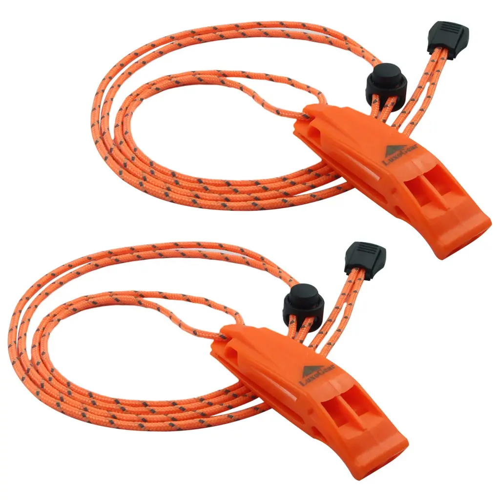 LuxoGear Emergency Whistles with Lanyard Safety Whistle Survival Shrill Loud Blast for Kayak Life Vest Jacket Boating Fishing Boat Camping Hiking Hunting Rescue Signaling Kids Lifeguard Plastic 2 Pack Orange