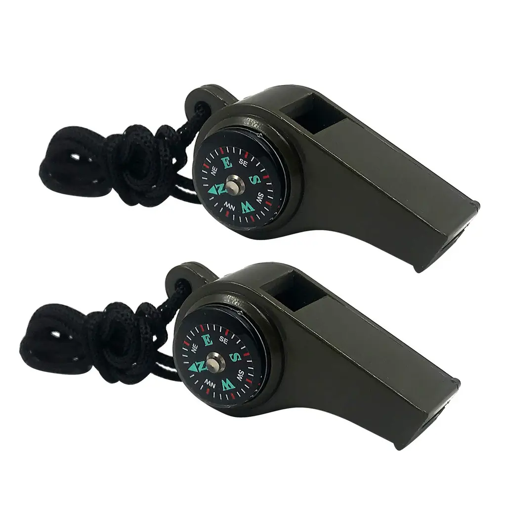 MeiNvShe 2 Pack Emergency Survival Whistle, 3-in-1 Emergency Whistles with Compass and Thermometer, Loud Safety Whistle with Lanyard for Outdoor Hiking GREEN