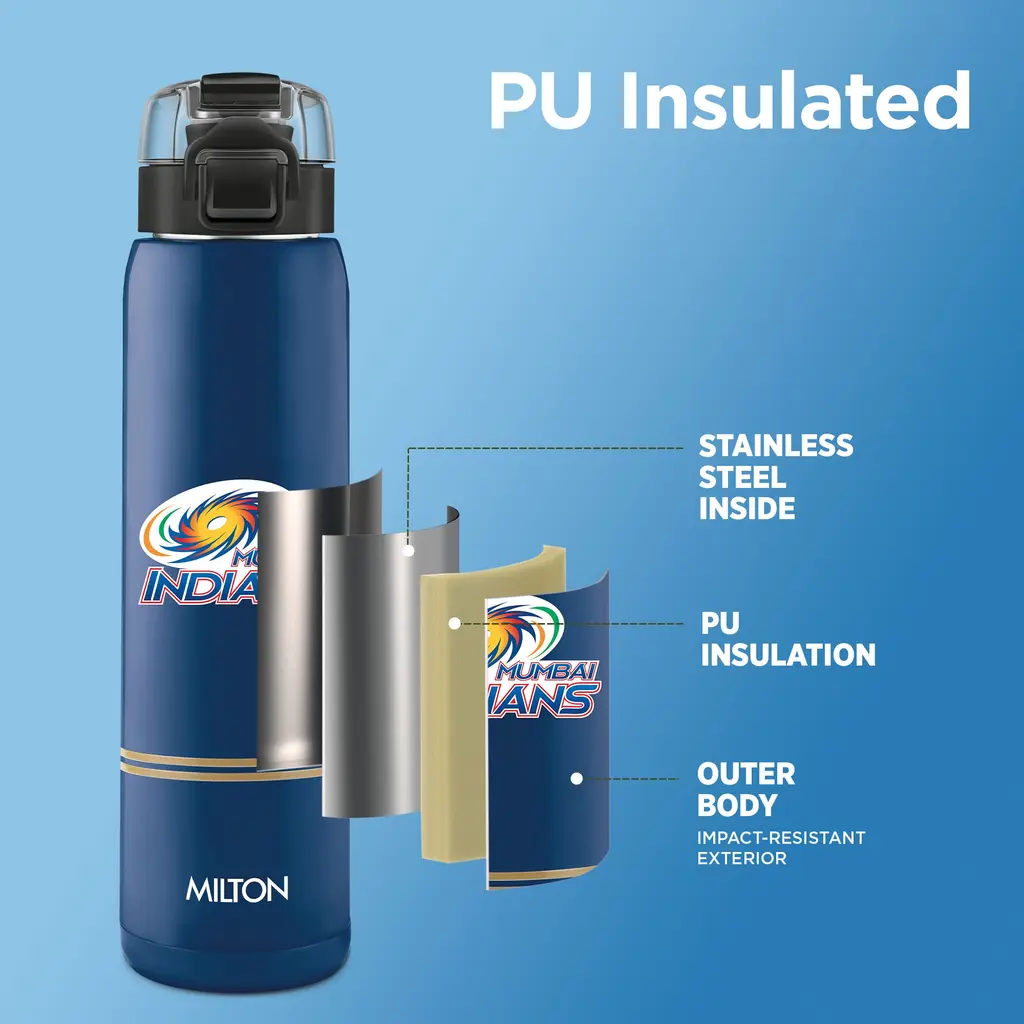 Milton Sports Steel Edge UV Printing Thermoware Bottle With Twin Lid - Mumbai Indians (MI) - Milton, view 2