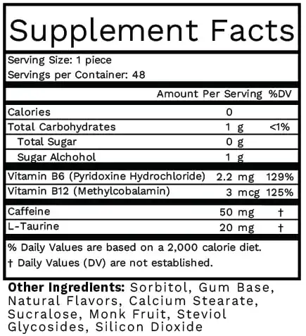 Mint Extra Strength Caffeine Chewing Gum 50mg Caffeine Taurine & B Vitamins Per Piece 48 — pack of 48