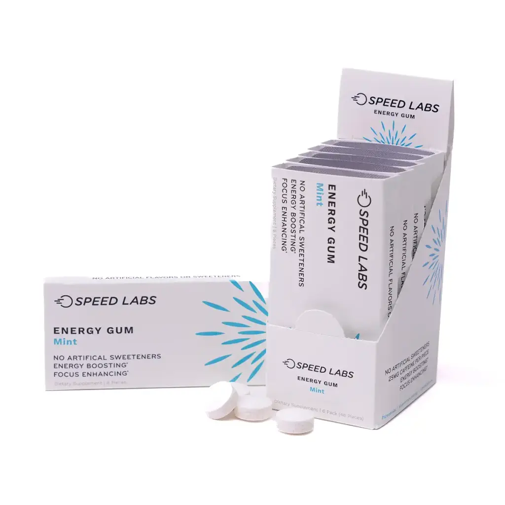 Mint Natural Caffeine Energy Gum 25mg Caffeine Taurine B Vitamins Per Piece 48 Pieces (6 Packs of 8) Sugar Free Zero