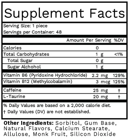 Mint Natural Caffeine Energy Gum 25mg Caffeine Taurine B Vitamins Per Piece 48 Pieces (6 — pack of 48