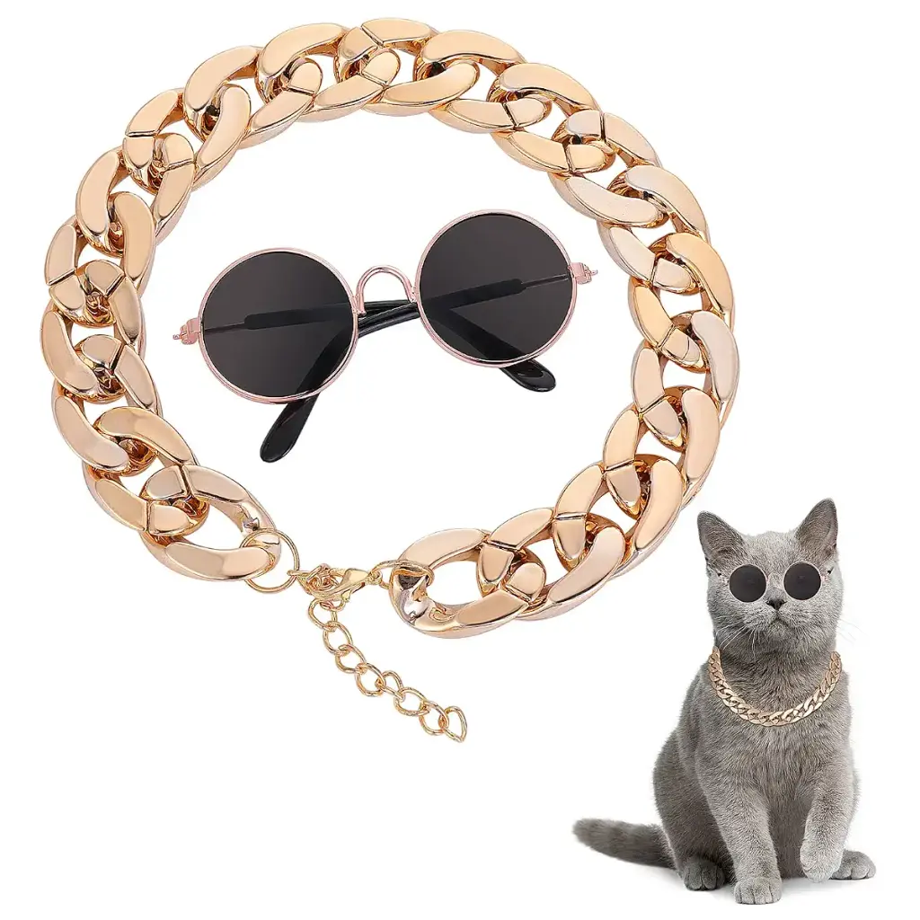 Molain Cat Sunglasses Gold Chain Costume Decorations- Cat UV Protection Classic Retro Puppy Retro Black Sunglasses Faux Rose Gold Adjustable Chain Cosplay Costume Cool Funny Photo Props 1 Black Sunglasses+1 Rose Gold Chain