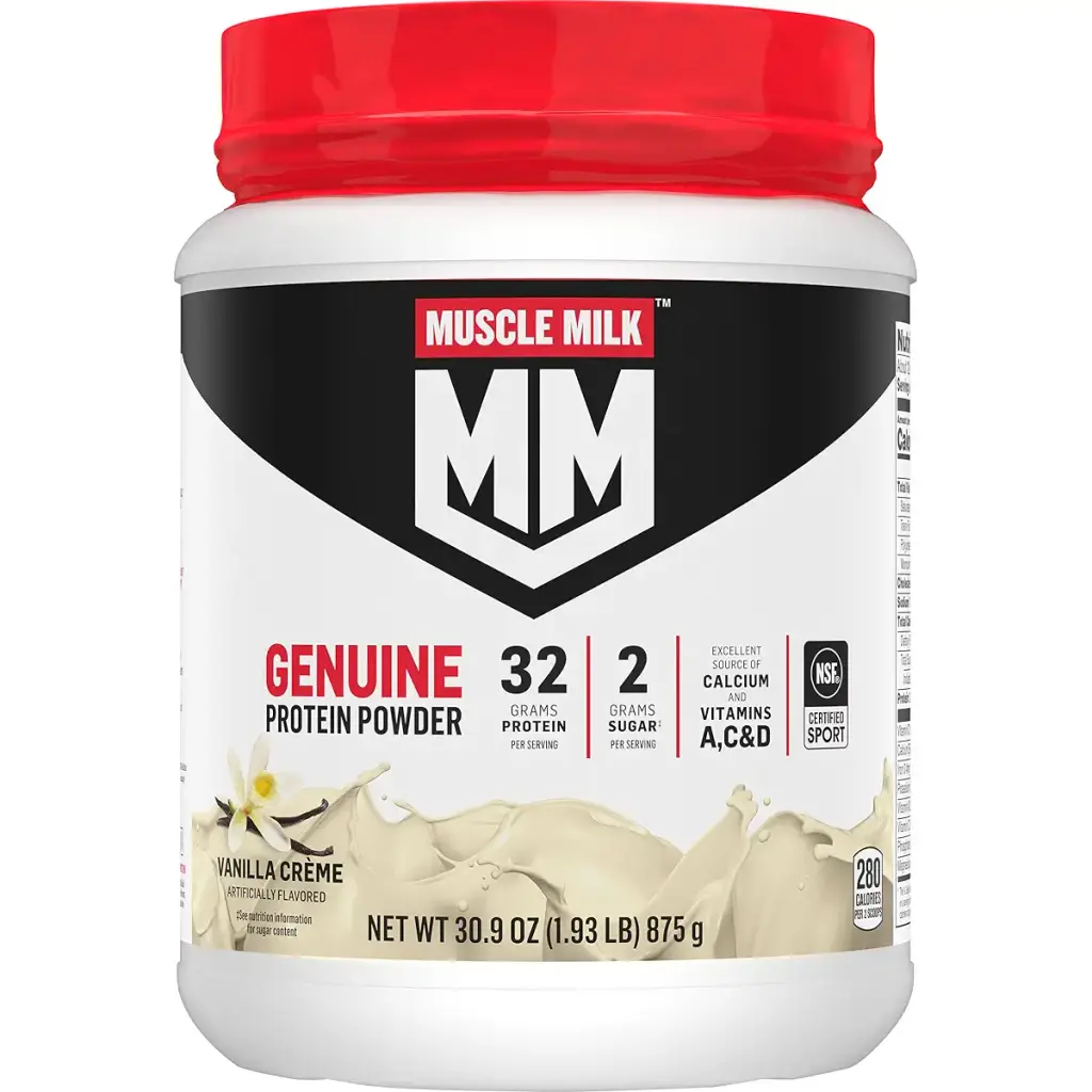Muscle Milk Genuine Protein Powder, Vanilla Creme, 1.93 Pounds, 12 Servings, 32g Protein, 2g Sugar, Calcium, Vitamins A, C & D, NSF Certified for Sport, Energizing Snack, Packaging May Vary Vanilla 1.93 Pound (Pack of 1)