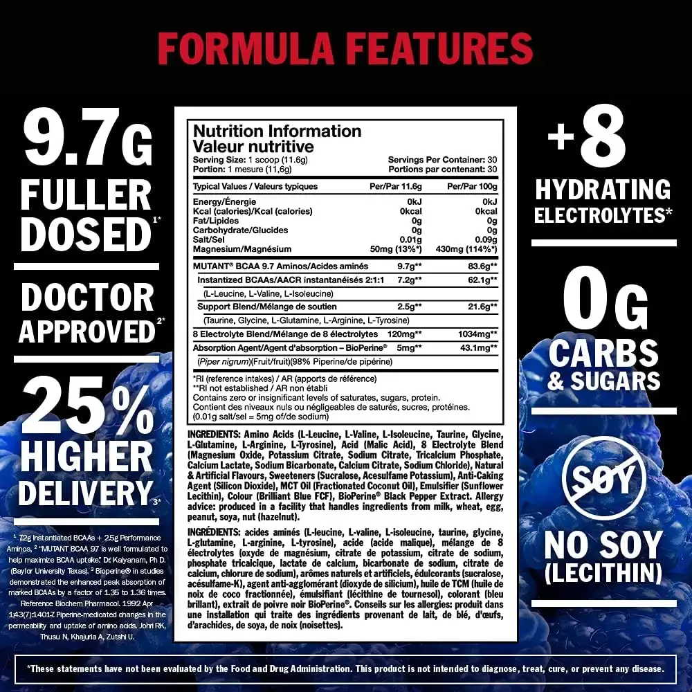 Mutant BCAA 9.7 Supplement BCAA Powder with Micronized Amino Acid and Electrolyte Support — Sports Nutrition