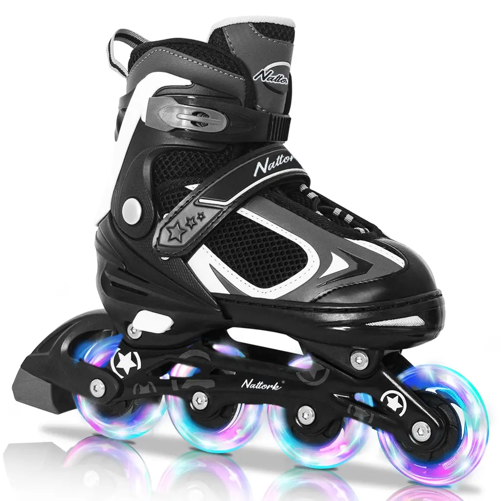 Nattork Adjustable Inline Skates for Kids with Light Up Wheel, Outdoor & Indoor Illuminating Blades Roller Skates for Boys and Girls, Beginners BLACK Medium-Big Kid(1Y-3Y)