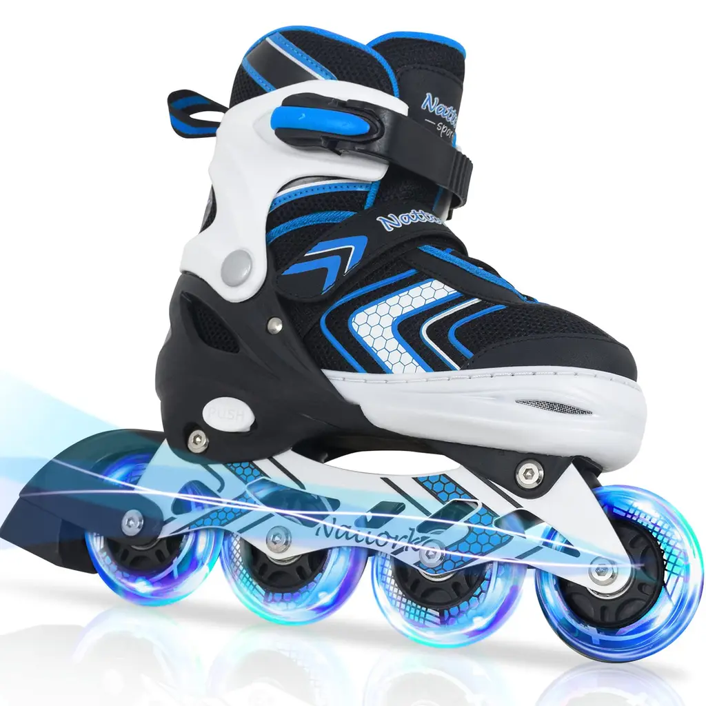 Nattork Inline Skates for Girls and Boys with Full Light Up Wheels, Adjustable Beginner Blades Roller Skates for Kids Youth Purple Pink Blue Black Blue Medium-Big Kid (1.5-4.5 US)