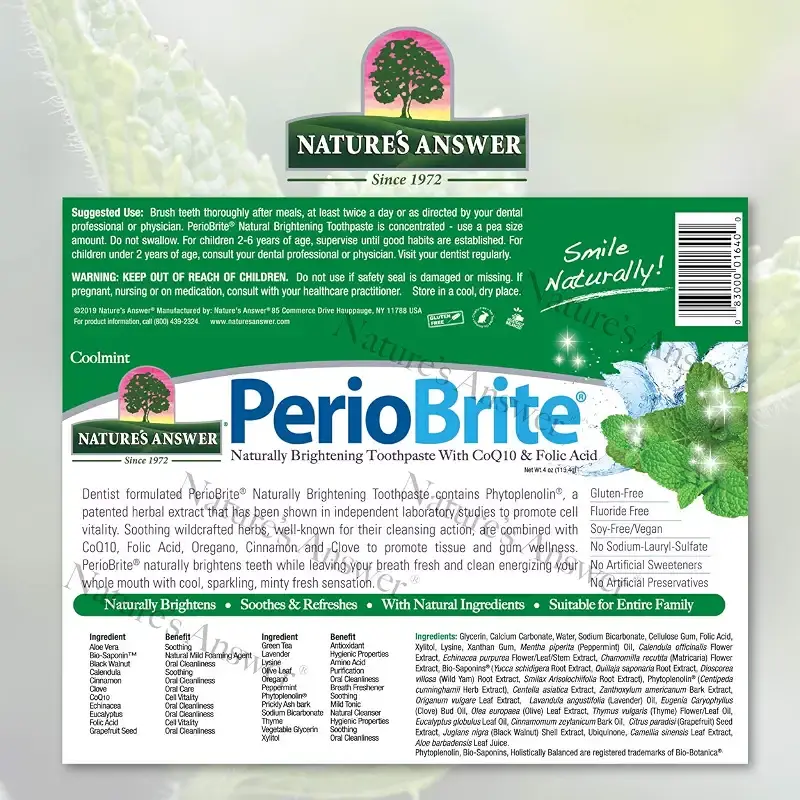 Nature's Answer PerioBrite Natural Brightening Toothpaste with CoQ10 & Folic Acid Cool — 4 oz