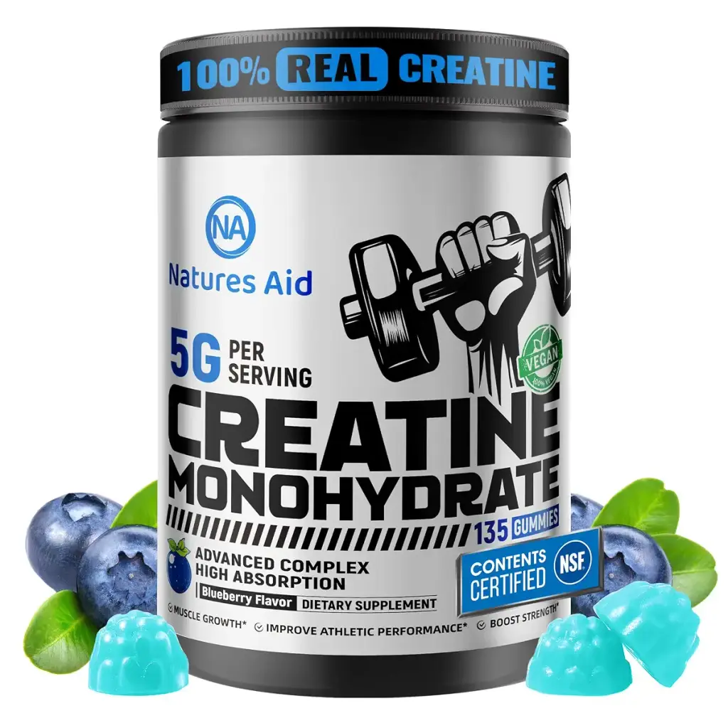 Natures Aid NSF Certified Creatine Gummy 5g - Creatine Monohydrate Gummies Pre-Workout Energy & Muscle Growth Support for Men & Women | Blueberry Electrolyte Gummies (135 Count) Blueberry 135 Count (Pack of 1)