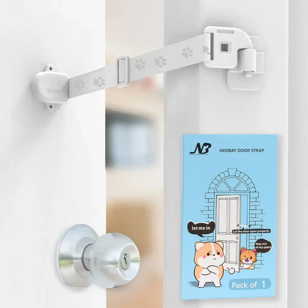Neobay Adjustable Door Strap and Latch for Cats, Easy Way for Dog Proof Litter Box and Feeding Station, Pet Latch for Door, Economical Alternative of Pet Gates and Interior Cat Door Basic