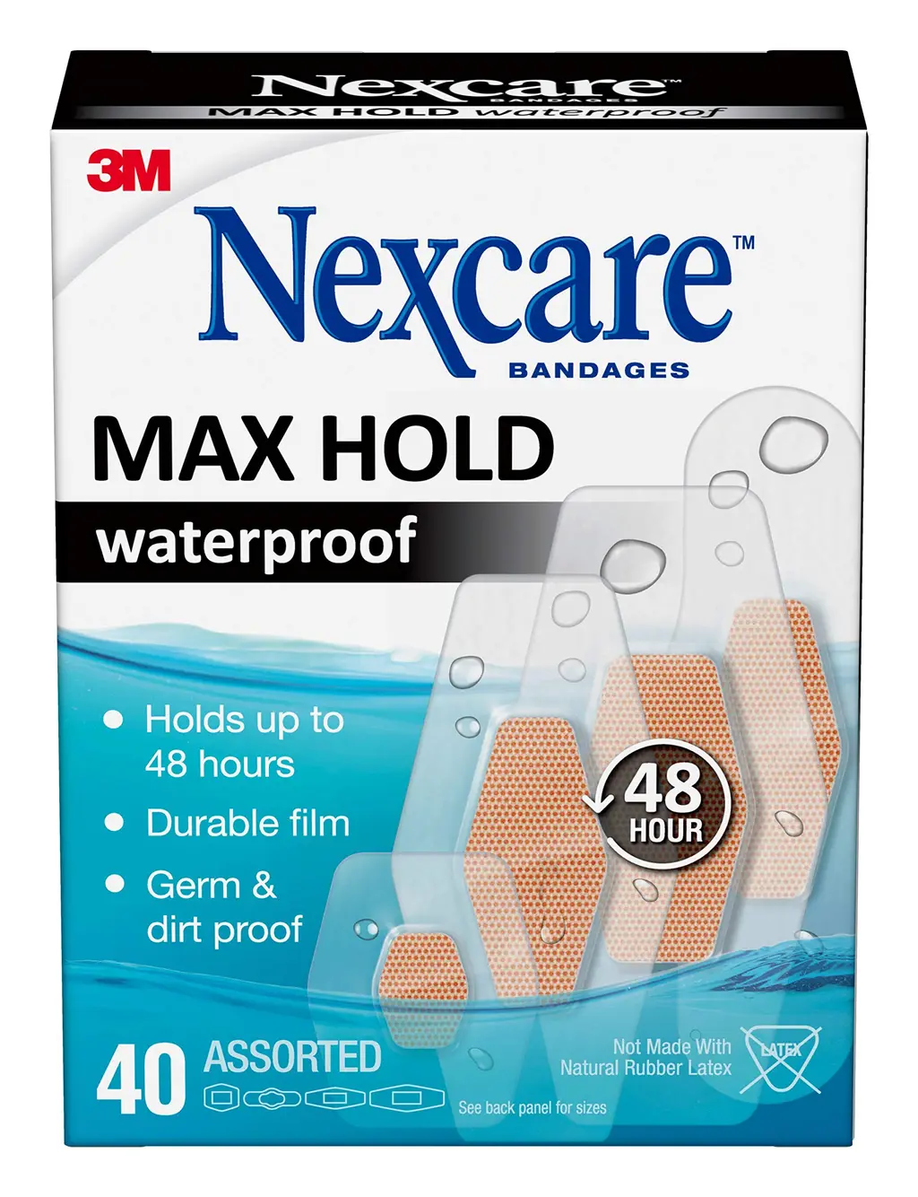 Nexcare Max Hold Waterproof Bandages, Contours to hard-to-fit places, like heels, the hand, knees, and fingers, 40 ct Assorted 40 Assorted