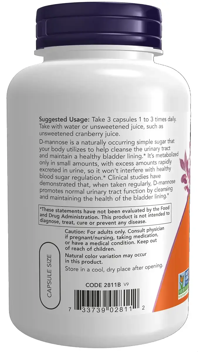 NOW Supplements, D-Mannose 500 mg, Non-GMO Project Verified, Healthy Urinary Tract*, 120 — Capsules