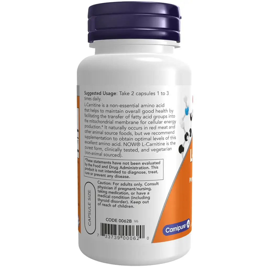 NOW Supplements, L-Carnitine 250 mg, Purest Form, Amino Acid, Fitness Support*, 60 Veg — Capsules