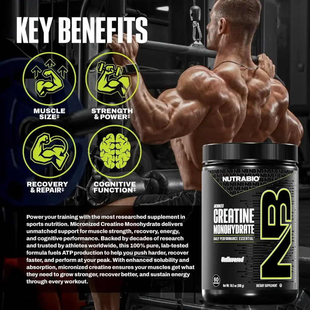 NutraBio Pure Micronized Creatine Monohydrate Powder Supplement, Unflavored, (300 g) — Sports Nutrition