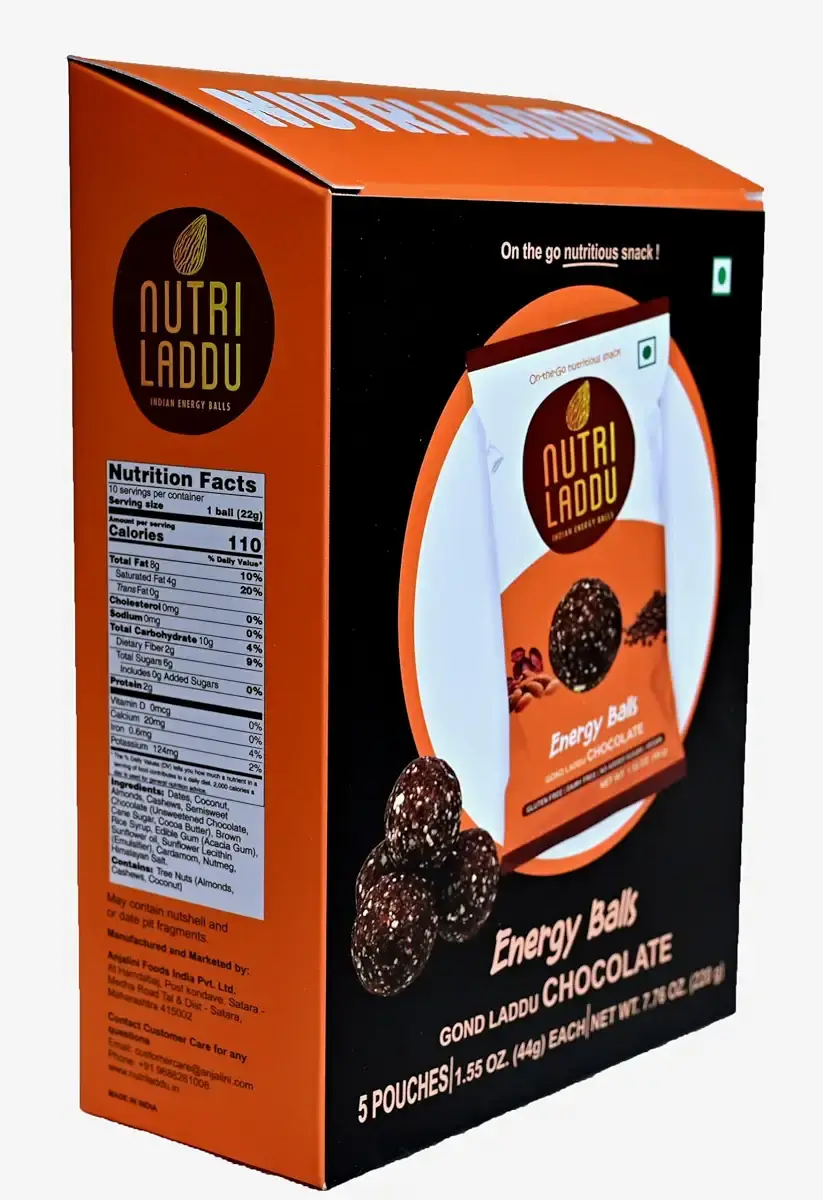 Nutri Laddu Indian Energy Balls Keto Friendly On-The-Go Single Serve Snack (Box of 5 — Chocolate