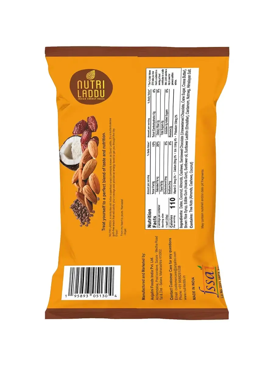 Nutri Laddu Indian Energy Balls Keto Friendly On-The-Go Single Serve Snack (Box of 5 — Chocolate